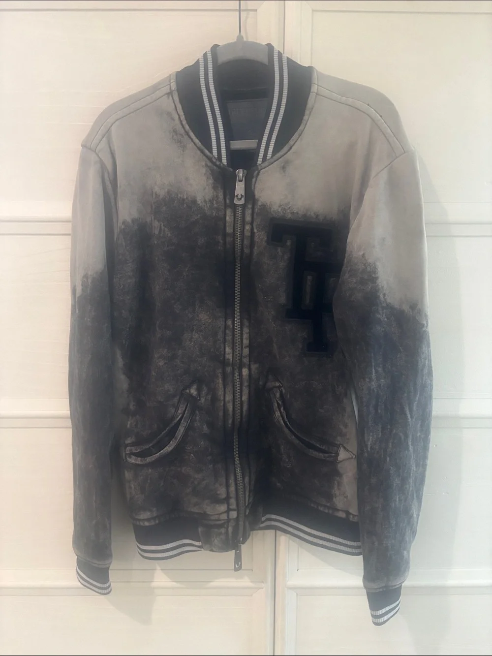 True Religion Black and Gray Ombre Varsity Bomber Jacket